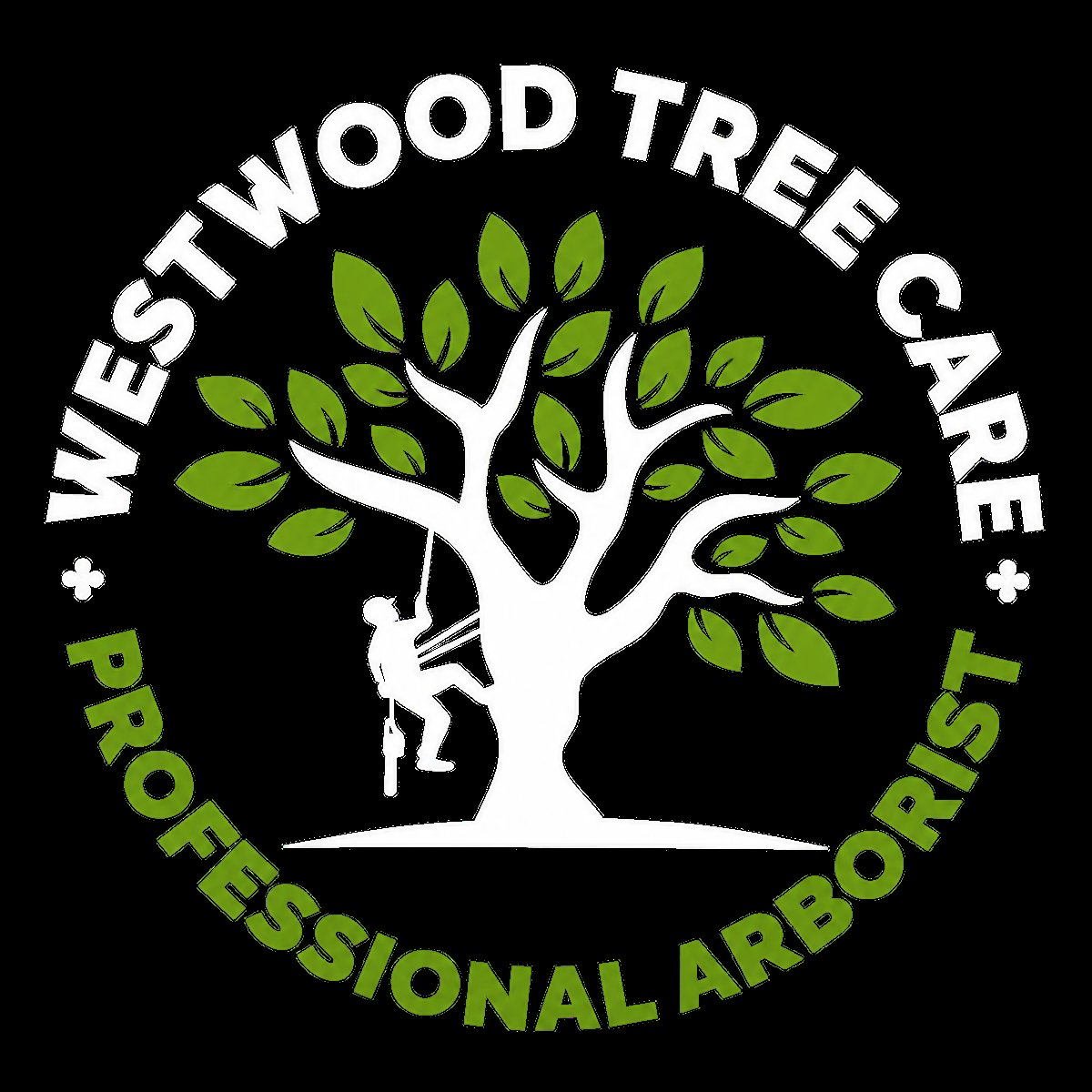 Westwood Tree Care Professional Arborist logo featuring a white tree with green foliage and a climbing arborist